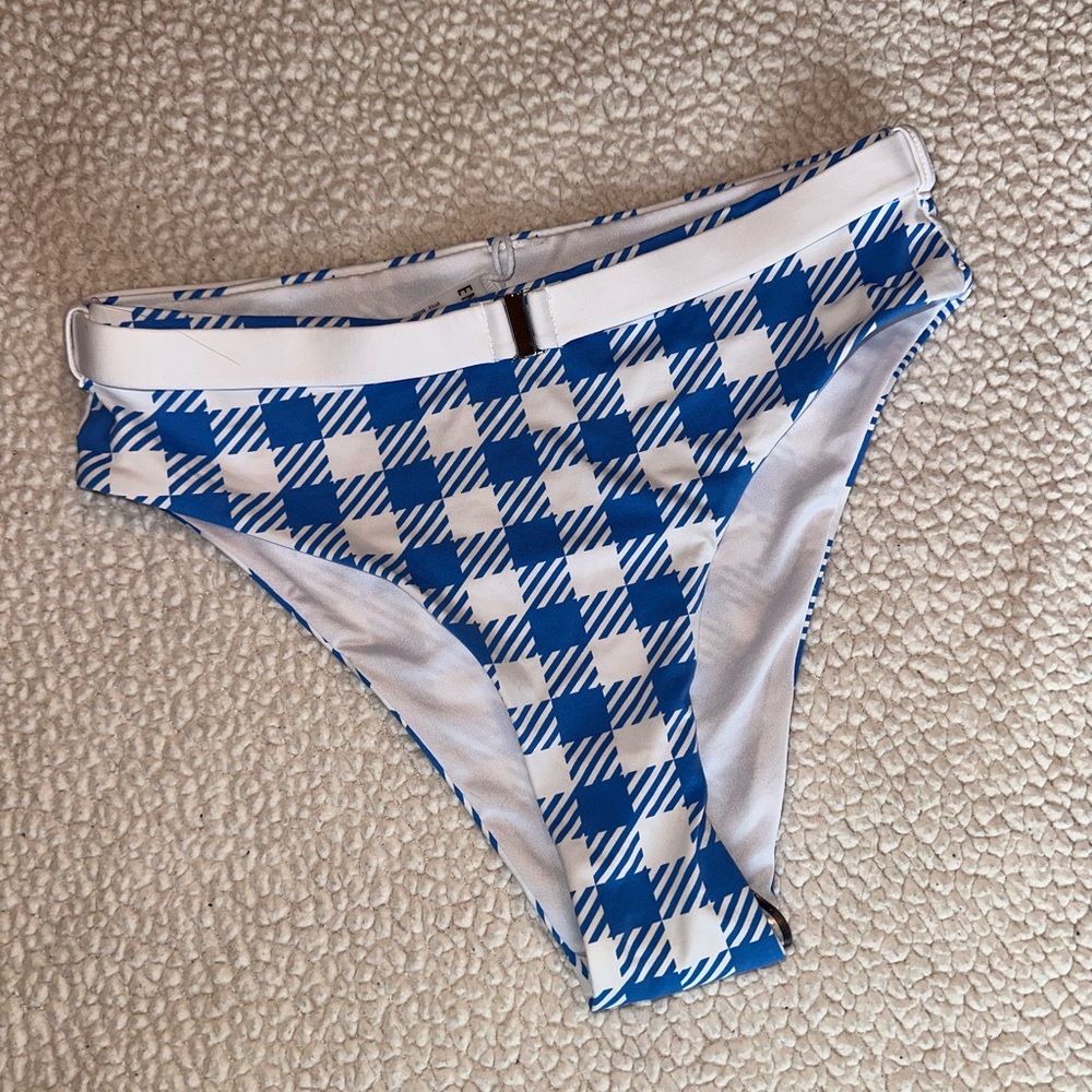 envy Blue and White Check Bikini Bottoms with White Waistband